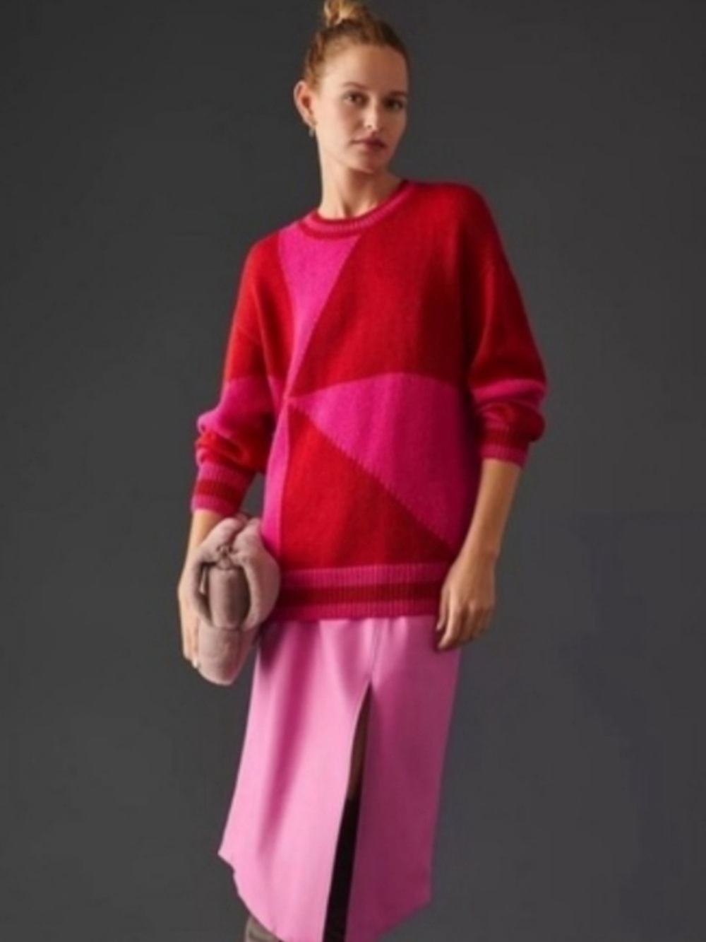 MOTHER The Easy Drop Jumper Colorblock Alpaca Wool Blend Sweater L Large Pink